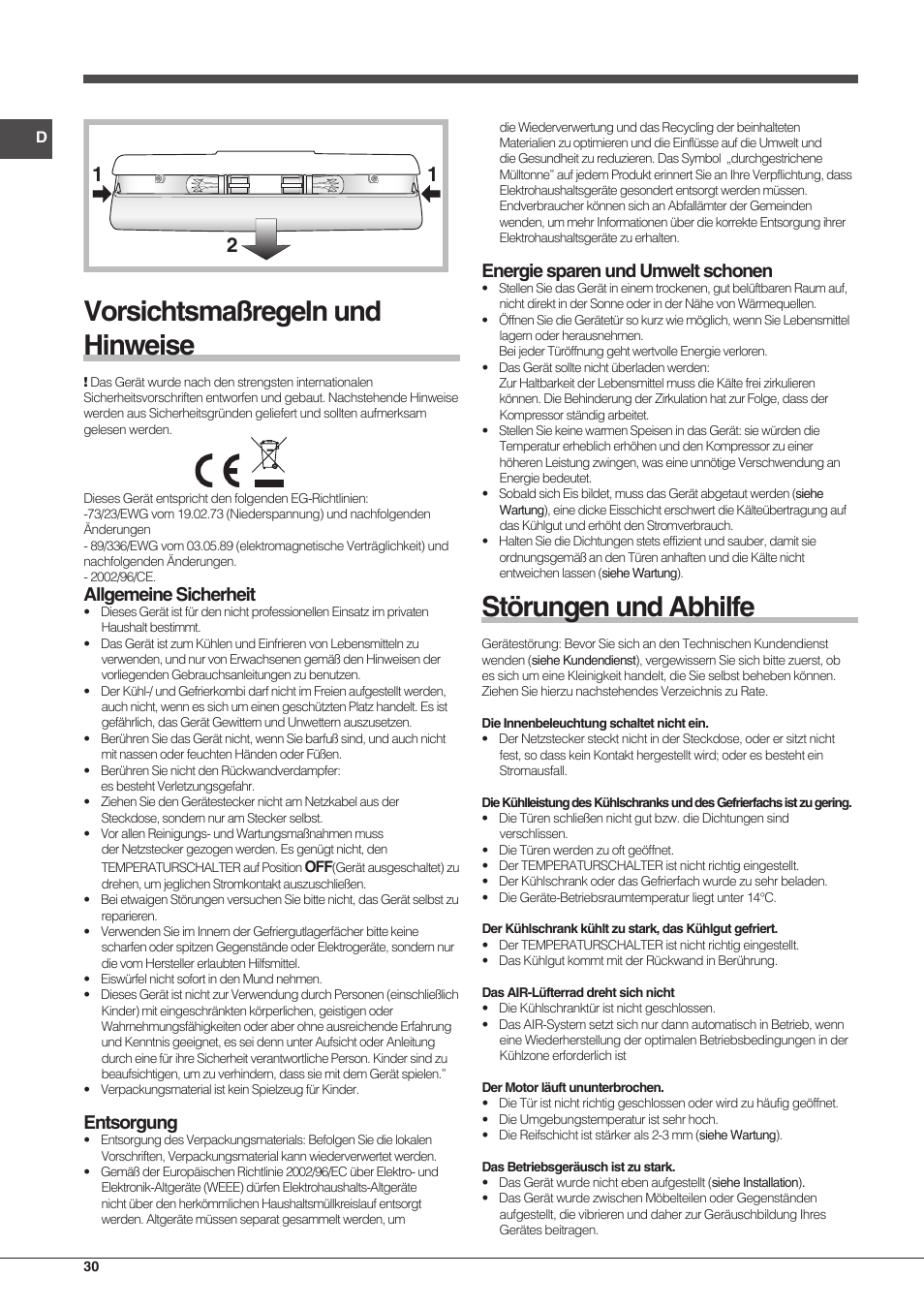 Vorsichtsmaßregeln und hinweise, Störungen und abhilfe, Allgemeine sicherheit | Entsorgung, Energie sparen und umwelt schonen | Hotpoint Ariston Combinado EBMH 18211 V O3 User Manual | Page 30 / 64