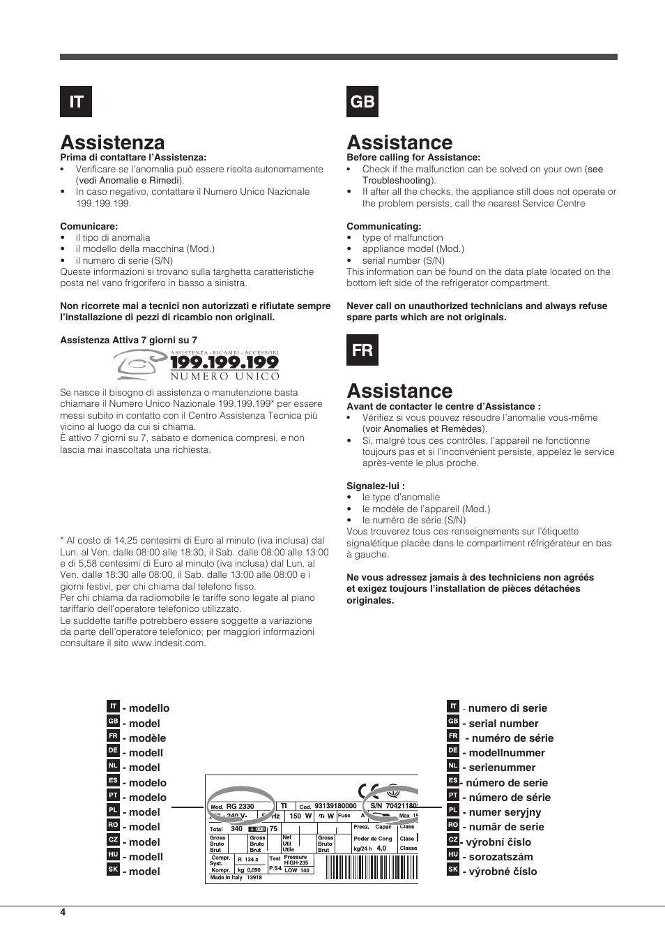 Assistenza, Assistance | Hotpoint Ariston Combinado EBMH 18211 V O3 User Manual | Page 4 / 64