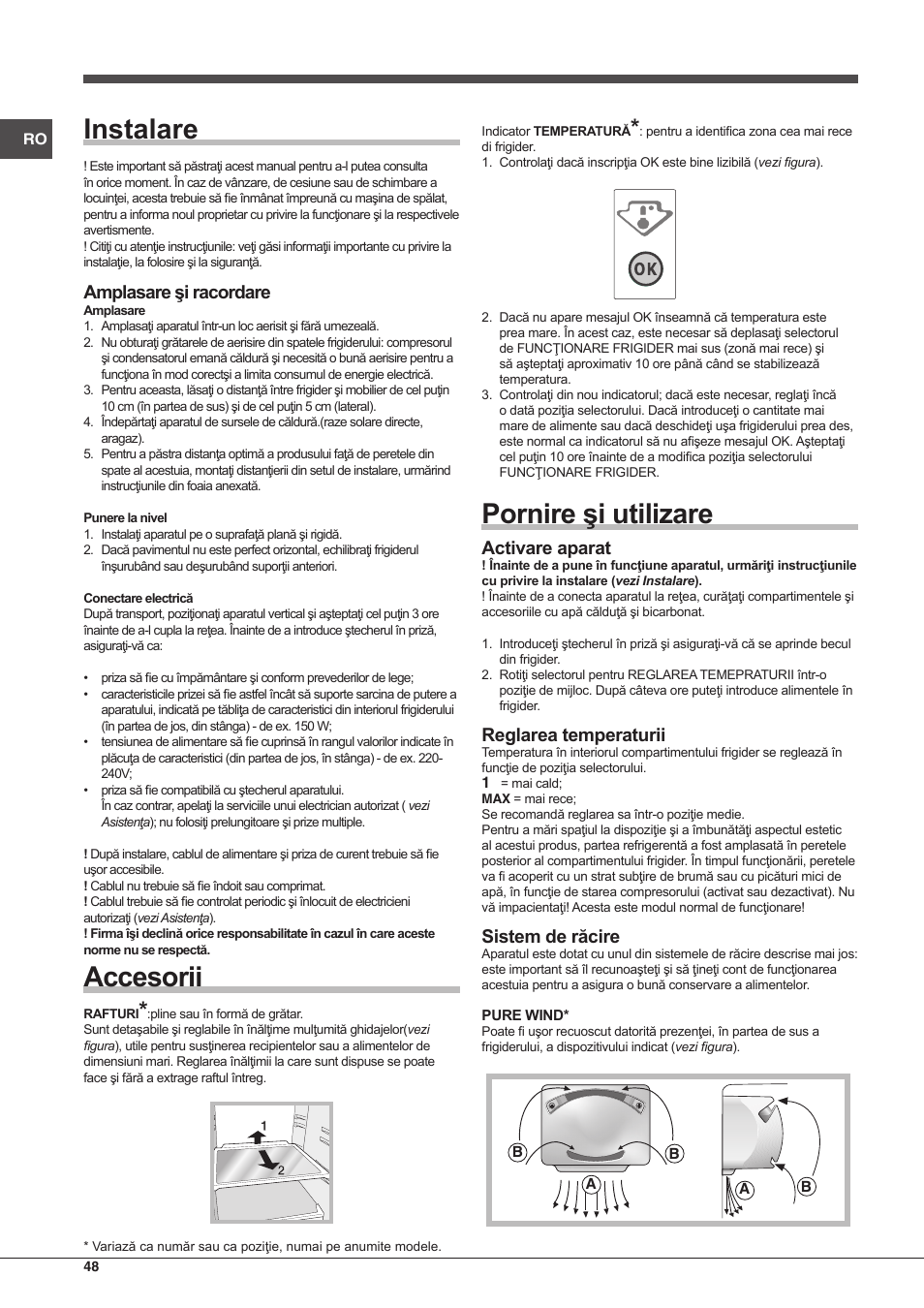 Instalare, Accesorii, Pornire şi utilizare | Amplasare şi racordare, Activare aparat, Reglarea temperaturii, Sistem de răcire | Hotpoint Ariston Combinado EBMH 18211 V O3 User Manual | Page 48 / 64