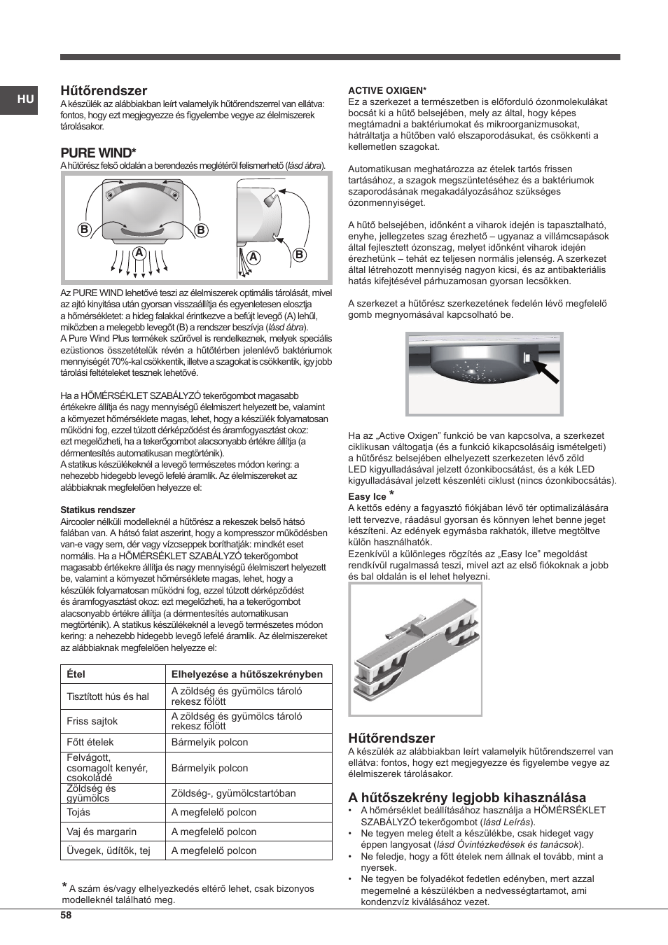 Hűtőrendszer, Pure wind, A hűtőszekrény legjobb kihasználása | Hotpoint Ariston Combinado EBMH 18211 V O3 User Manual | Page 58 / 64