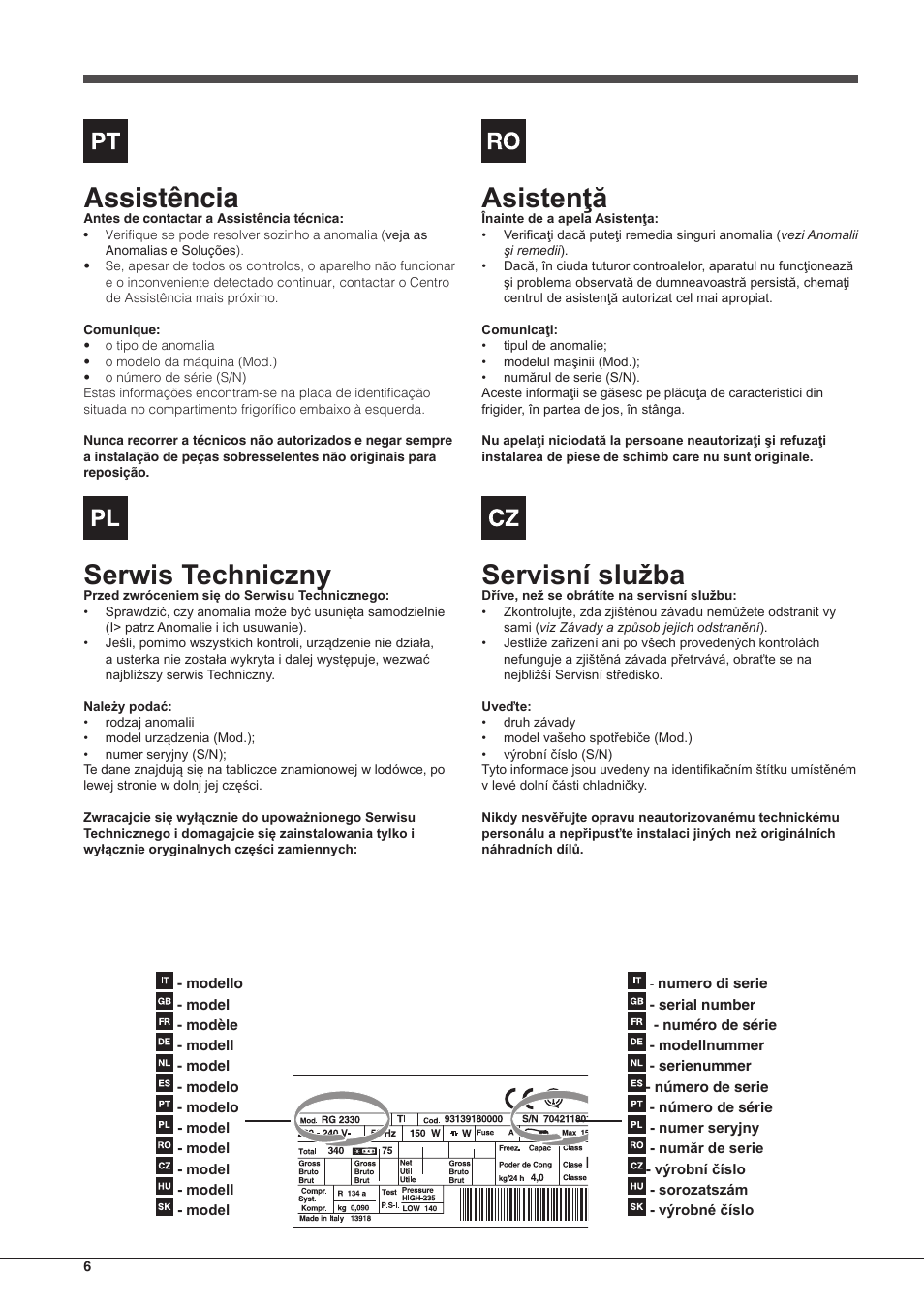 Assistência, Serwis techniczny, Asistenţă | Servisní služba | Hotpoint Ariston Combinado EBMH 18211 V O3 User Manual | Page 6 / 64