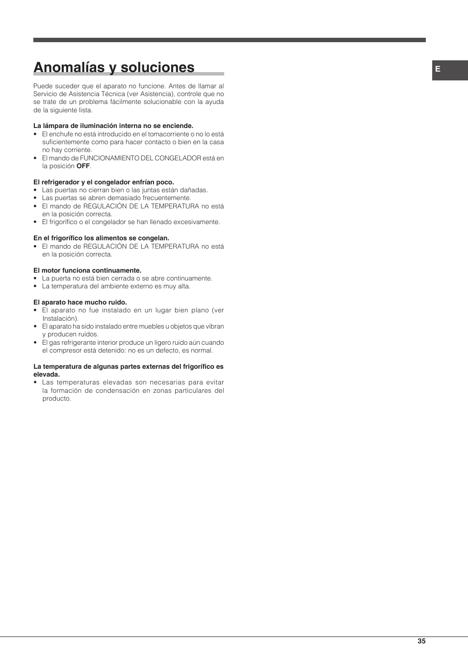 Anomalías y soluciones | Hotpoint Ariston Combinado EBM 18210 F User Manual | Page 35 / 48