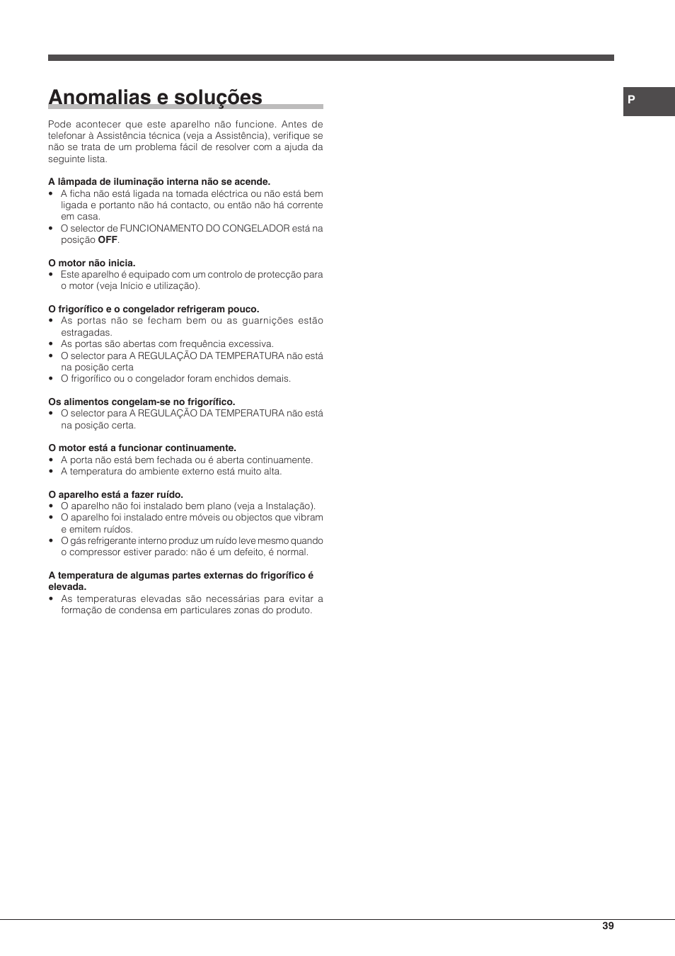 Anomalias e soluções | Hotpoint Ariston Combinado EBM 18210 F User Manual | Page 39 / 48