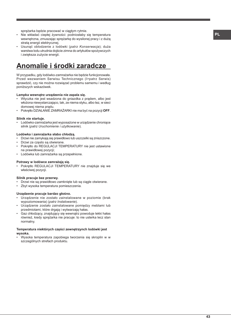 Anomalie i środki zaradcze | Hotpoint Ariston Combinado EBM 18210 F User Manual | Page 43 / 48