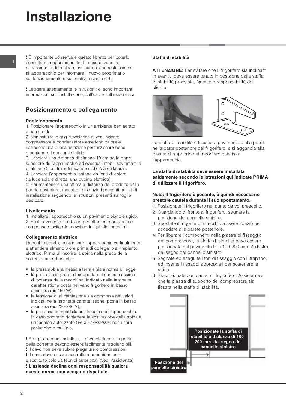 Installazione, Posizionamento e collegamento | Hotpoint Ariston Una puerta SDS 1722 J-HA User Manual | Page 2 / 88