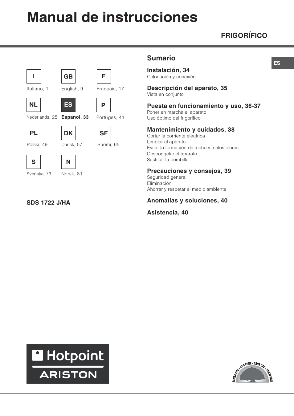 Manual de instrucciones, Frigorífico sumario | Hotpoint Ariston Una puerta SDS 1722 J-HA User Manual | Page 33 / 88