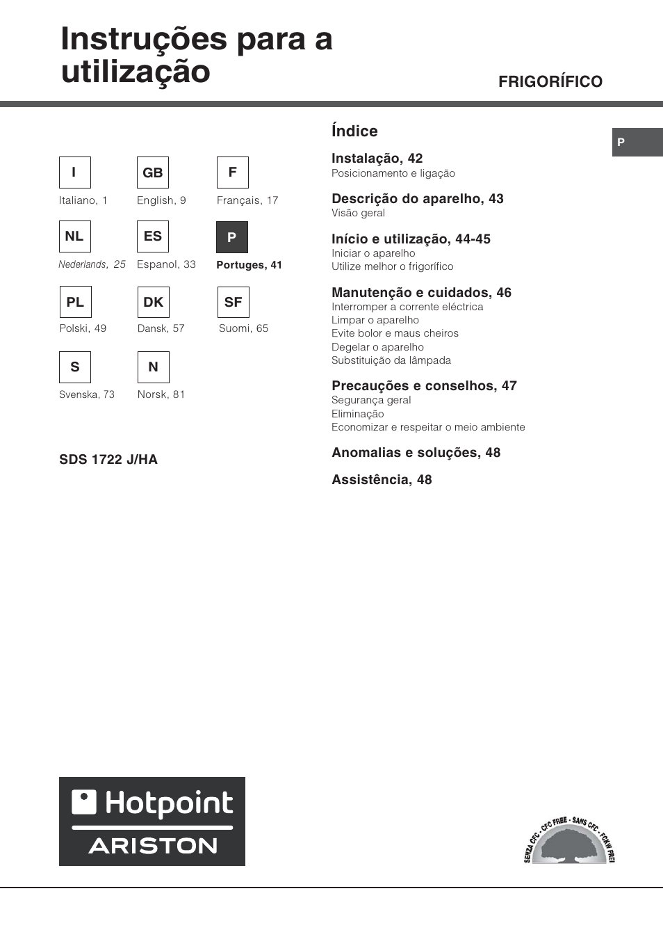 Instruções para a utilização, Frigorífico índice | Hotpoint Ariston Una puerta SDS 1722 J-HA User Manual | Page 41 / 88