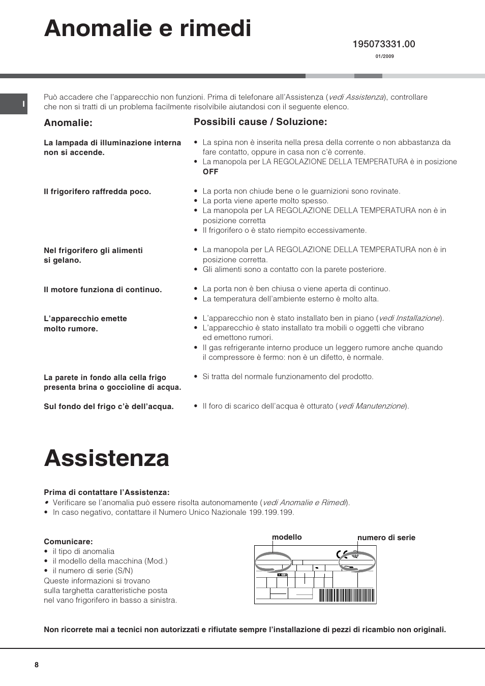 Assistenza, Anomalie e rimedi, Possibili cause / soluzione | Anomalie | Hotpoint Ariston Una puerta SDS 1722 J-HA User Manual | Page 8 / 88