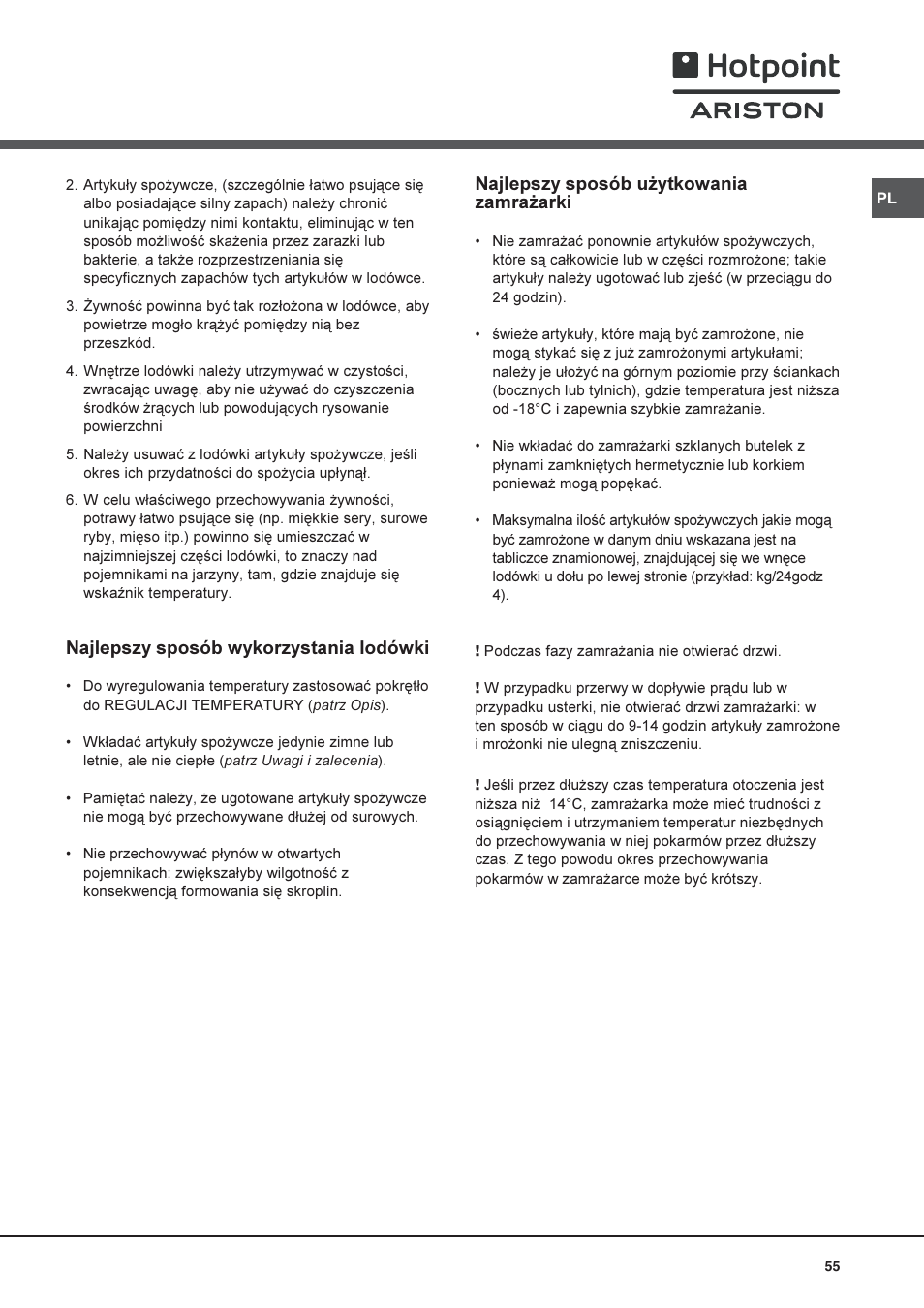 Najlepszy sposób u¿ytkowania zamra¿arki, Najlepszy sposób wykorzystania lodówki | Hotpoint Ariston Doble puerta STM 1622 VR (FR)-HA User Manual | Page 55 / 60