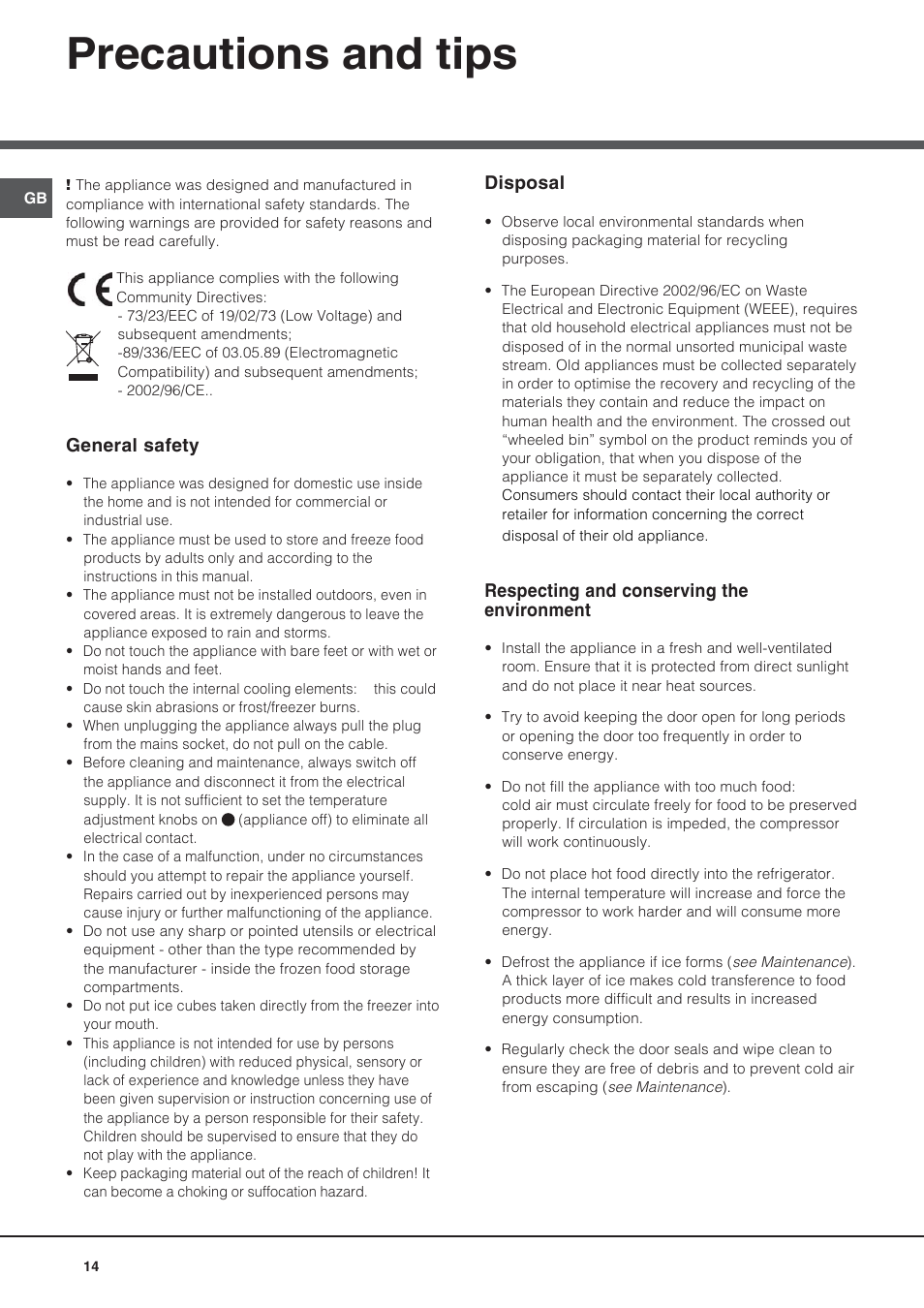 Precautions and tips | Hotpoint Ariston Bajo encimera BTS 1622-HA User Manual | Page 14 / 48