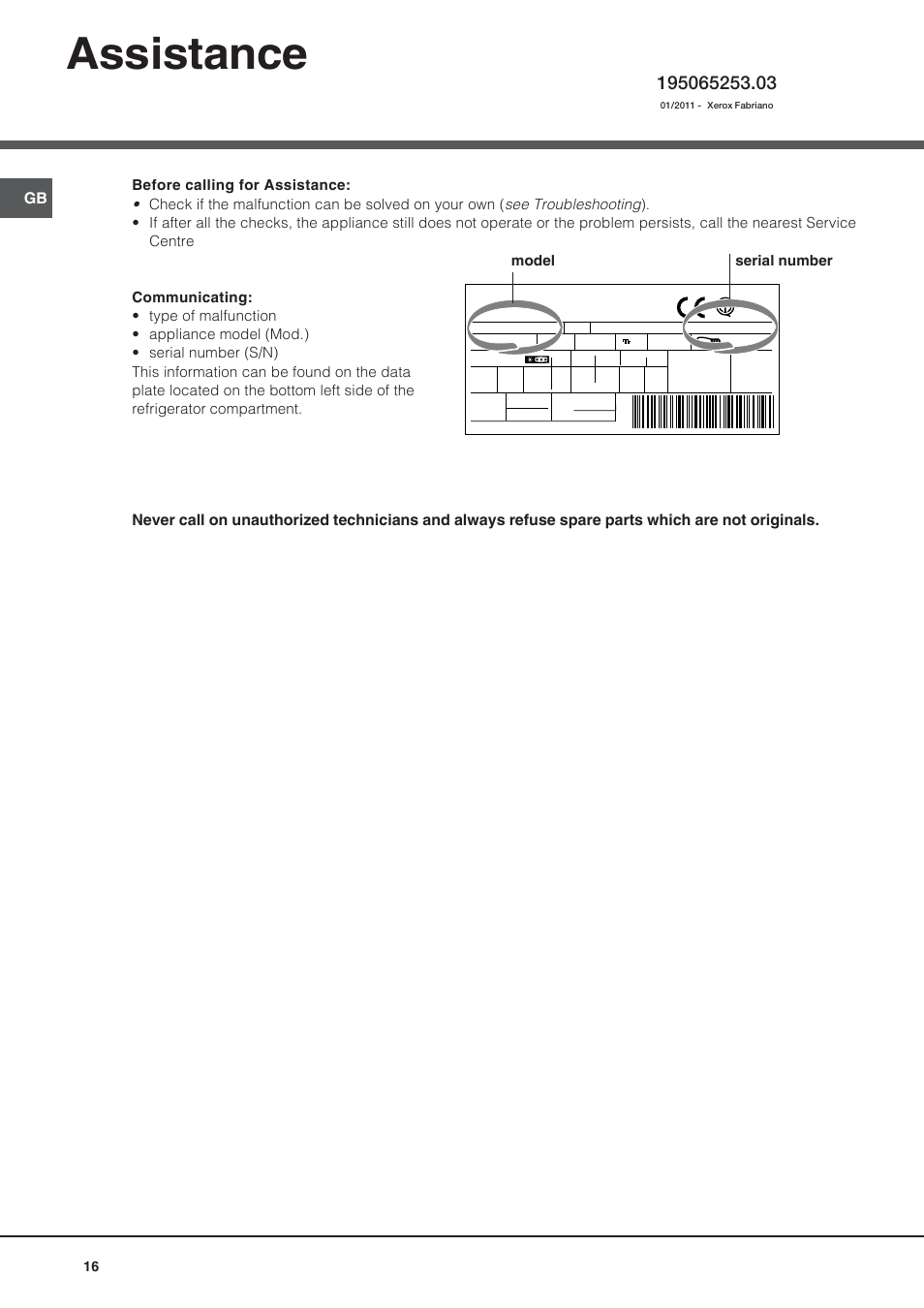 Assistance, Model serial number | Hotpoint Ariston Bajo encimera BTS 1622-HA User Manual | Page 16 / 48