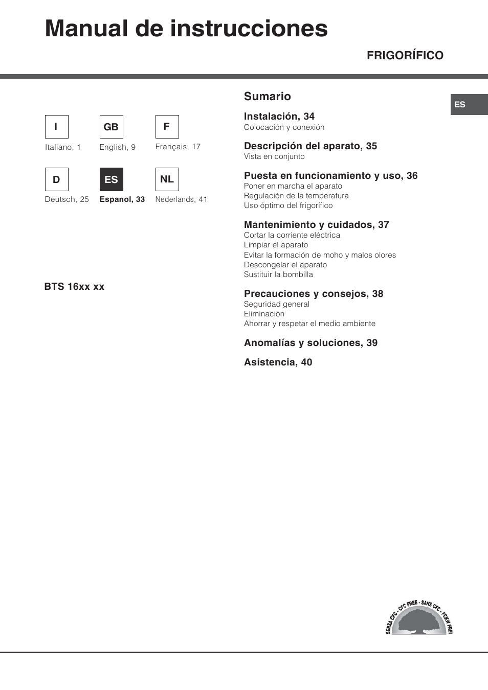 65253es, Manual de instrucciones, Frigorífico sumario | Hotpoint Ariston Bajo encimera BTS 1622-HA User Manual | Page 33 / 48