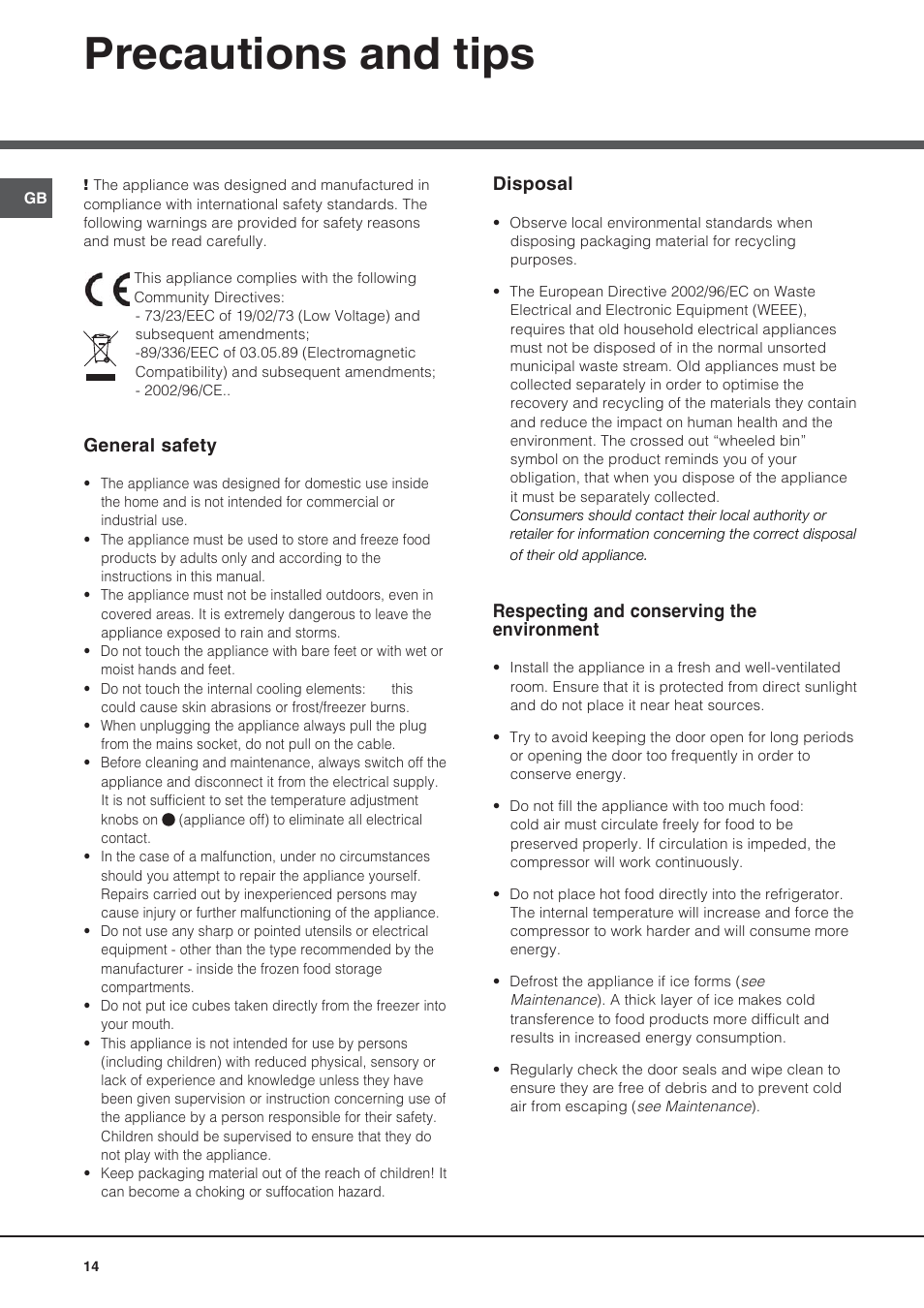 Precautions and tips | Hotpoint Ariston Bajo encimera BTSZ 1632-HA User Manual | Page 14 / 72