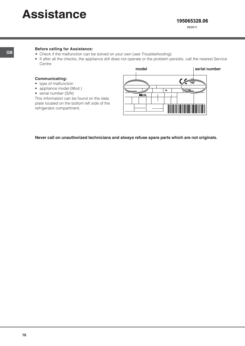 Assistance, Model serial number | Hotpoint Ariston Bajo encimera BTSZ 1632-HA User Manual | Page 16 / 72