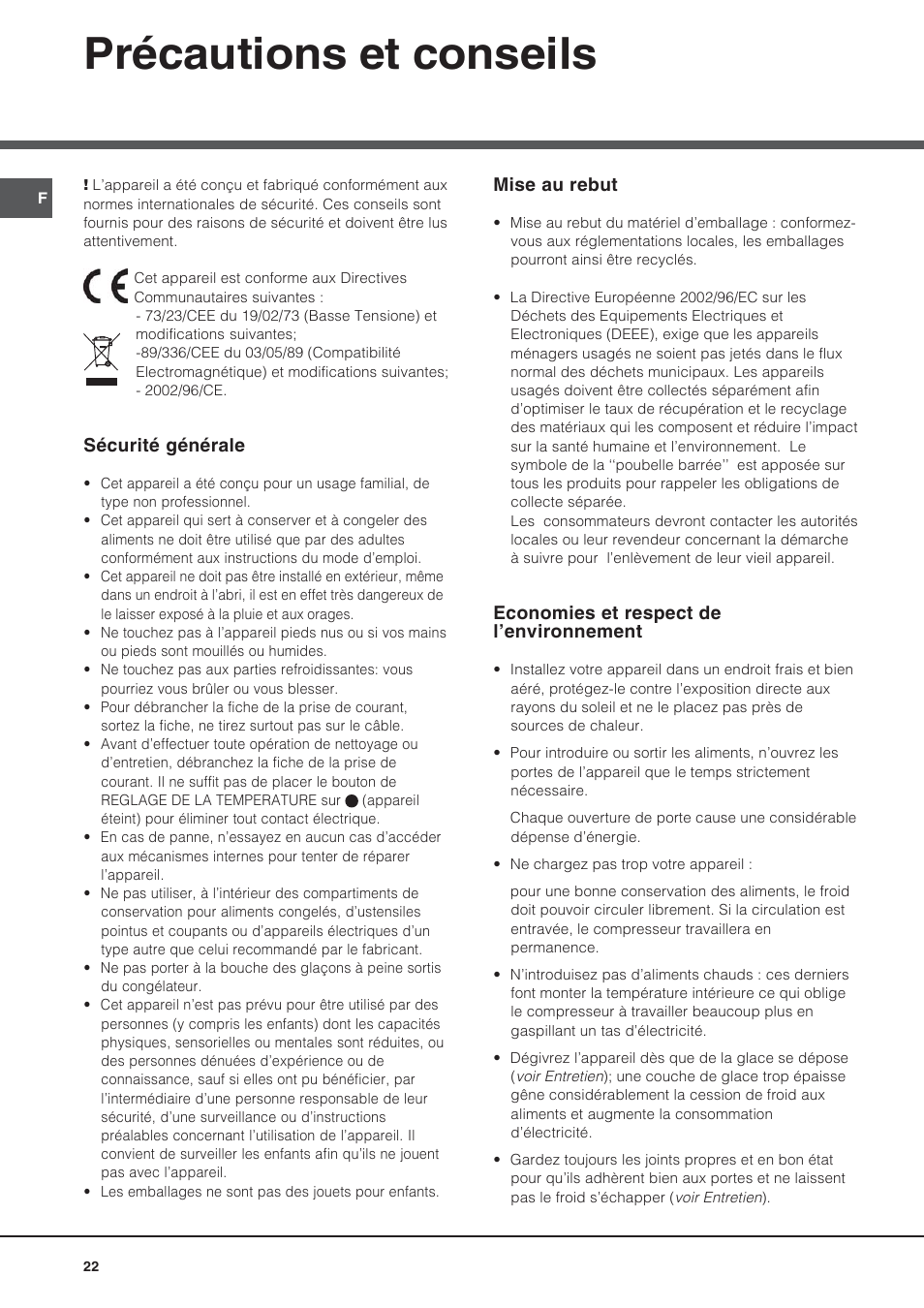 Précautions et conseils | Hotpoint Ariston Bajo encimera BTSZ 1632-HA User Manual | Page 22 / 72