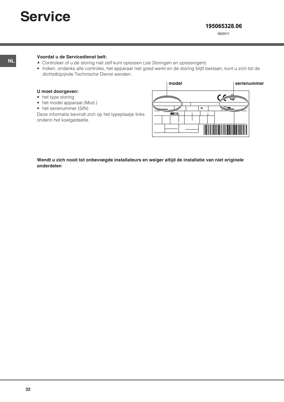 Service, Model serienummer | Hotpoint Ariston Bajo encimera BTSZ 1632-HA User Manual | Page 32 / 72