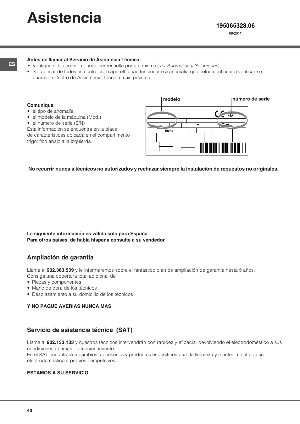 Asistencia, Ampliación de garantía, Servicio de asistencia técnica (sat) | Hotpoint Ariston Bajo encimera BTSZ 1632-HA User Manual | Page 40 / 72