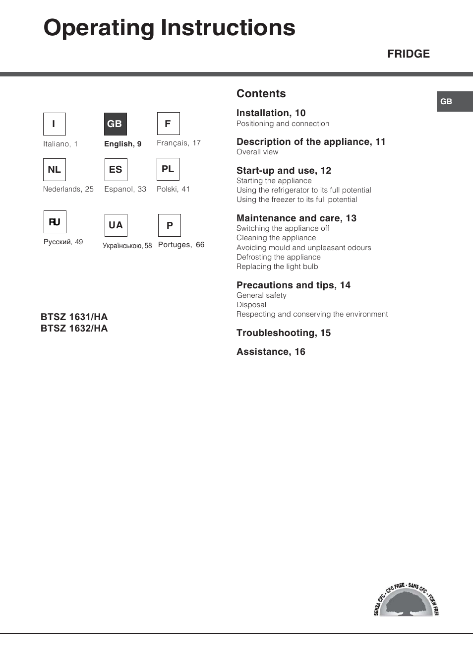 65328gb, Operating instructions, Fridge contents | Hotpoint Ariston Bajo encimera BTSZ 1632-HA User Manual | Page 9 / 72