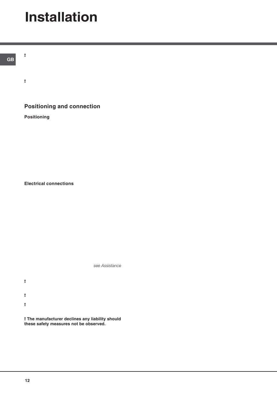 Installation, Positioning and connection | Hotpoint Ariston Doble puerta BD 2922 EU-HA User Manual | Page 12 / 52