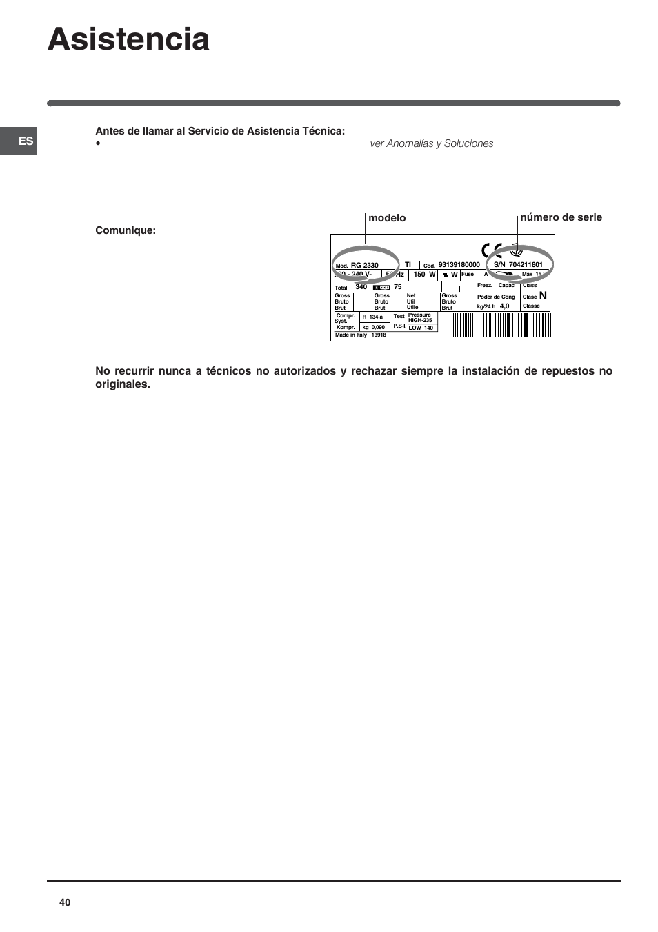 Asistencia, Modelo número de serie | Hotpoint Ariston Doble puerta BD 2922 EU-HA User Manual | Page 40 / 52