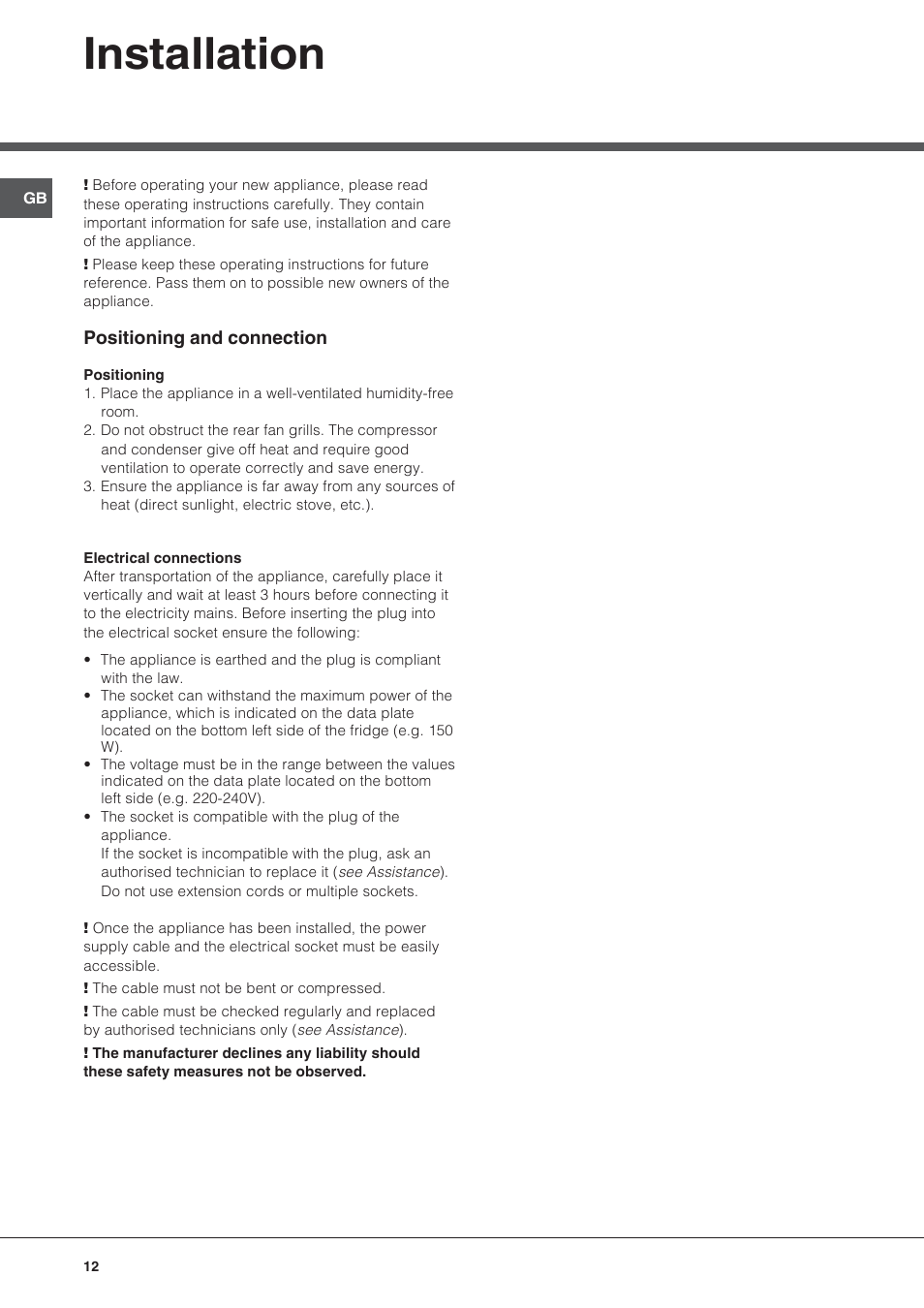 Installation | Hotpoint Ariston BS 30 series User Manual | Page 12 / 48