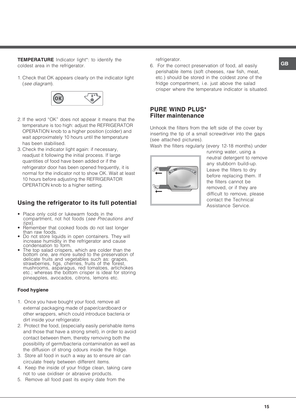 Using the refrigerator to its full potential, Pure wind plus* filter maintenance | Hotpoint Ariston BS 30 series User Manual | Page 15 / 48