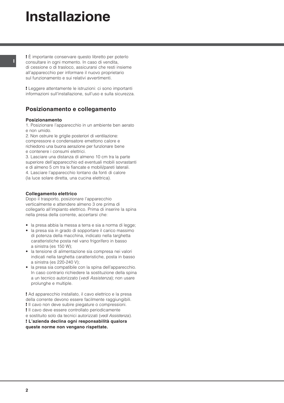 Installazione | Hotpoint Ariston BS 30 series User Manual | Page 2 / 48