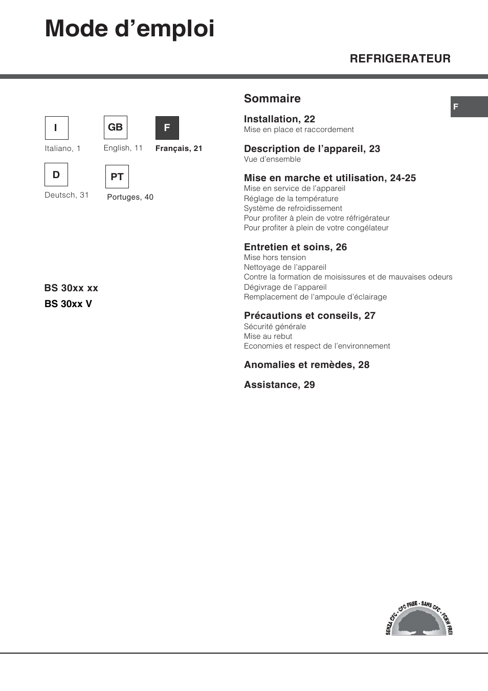 69713fr, Mode d’emploi | Hotpoint Ariston BS 30 series User Manual | Page 21 / 48