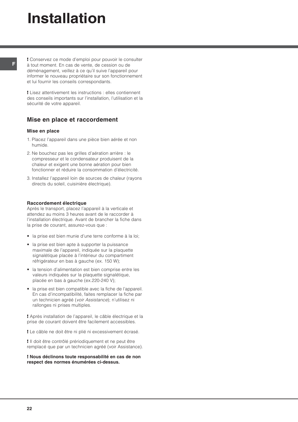 Installation, Mise en place et raccordement | Hotpoint Ariston BS 30 series User Manual | Page 22 / 48
