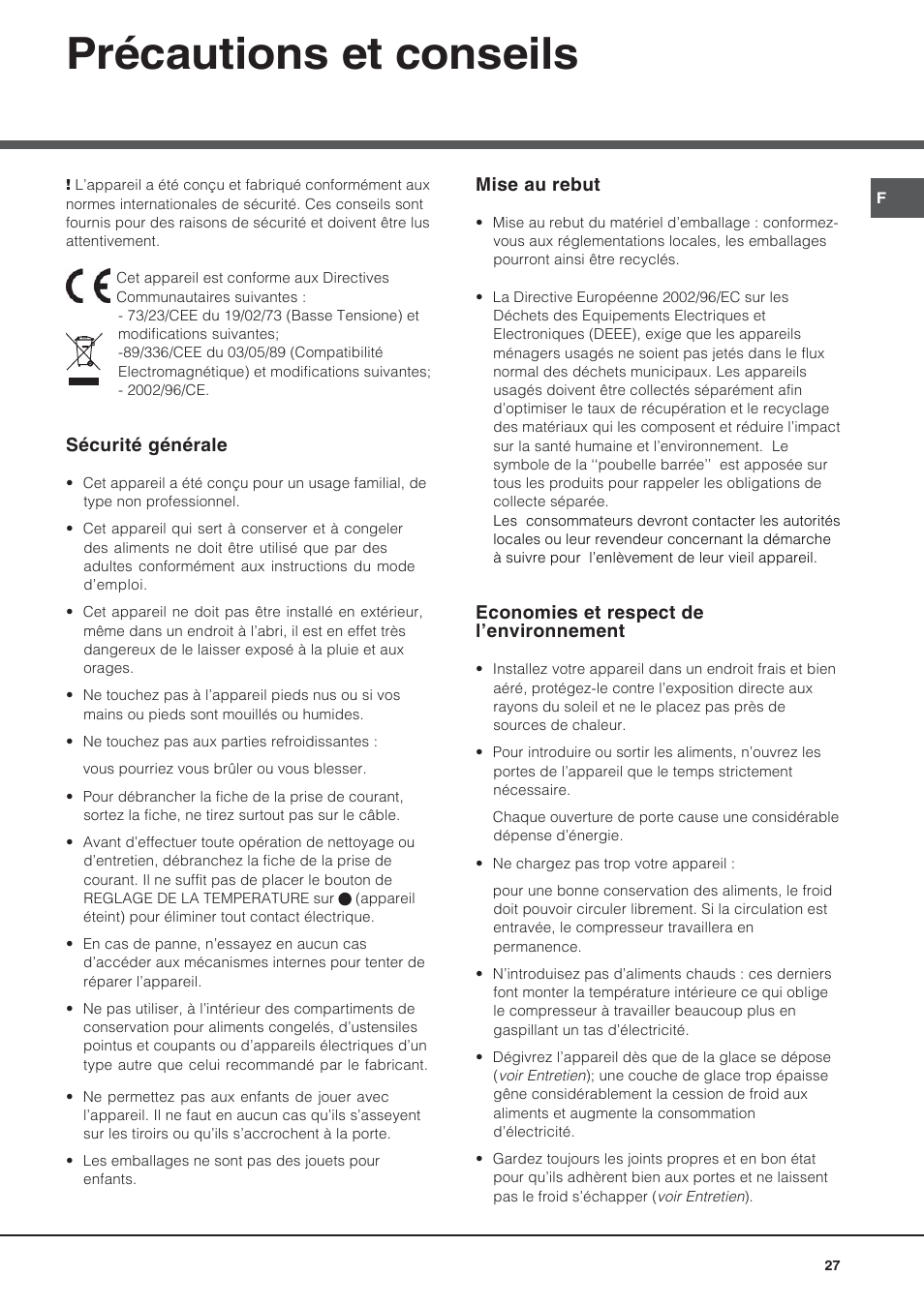Précautions et conseils | Hotpoint Ariston BS 30 series User Manual | Page 27 / 48