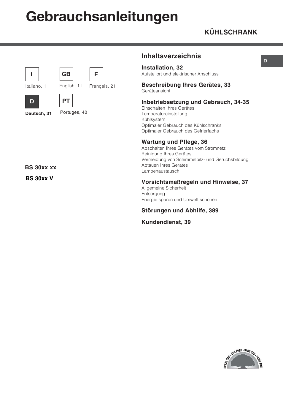 69713de, Gebrauchsanleitungen | Hotpoint Ariston BS 30 series User Manual | Page 31 / 48