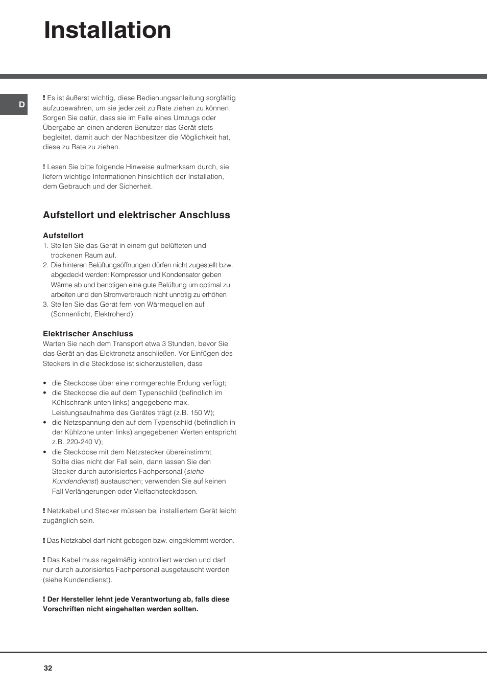 Installation, Aufstellort und elektrischer anschluss | Hotpoint Ariston BS 30 series User Manual | Page 32 / 48