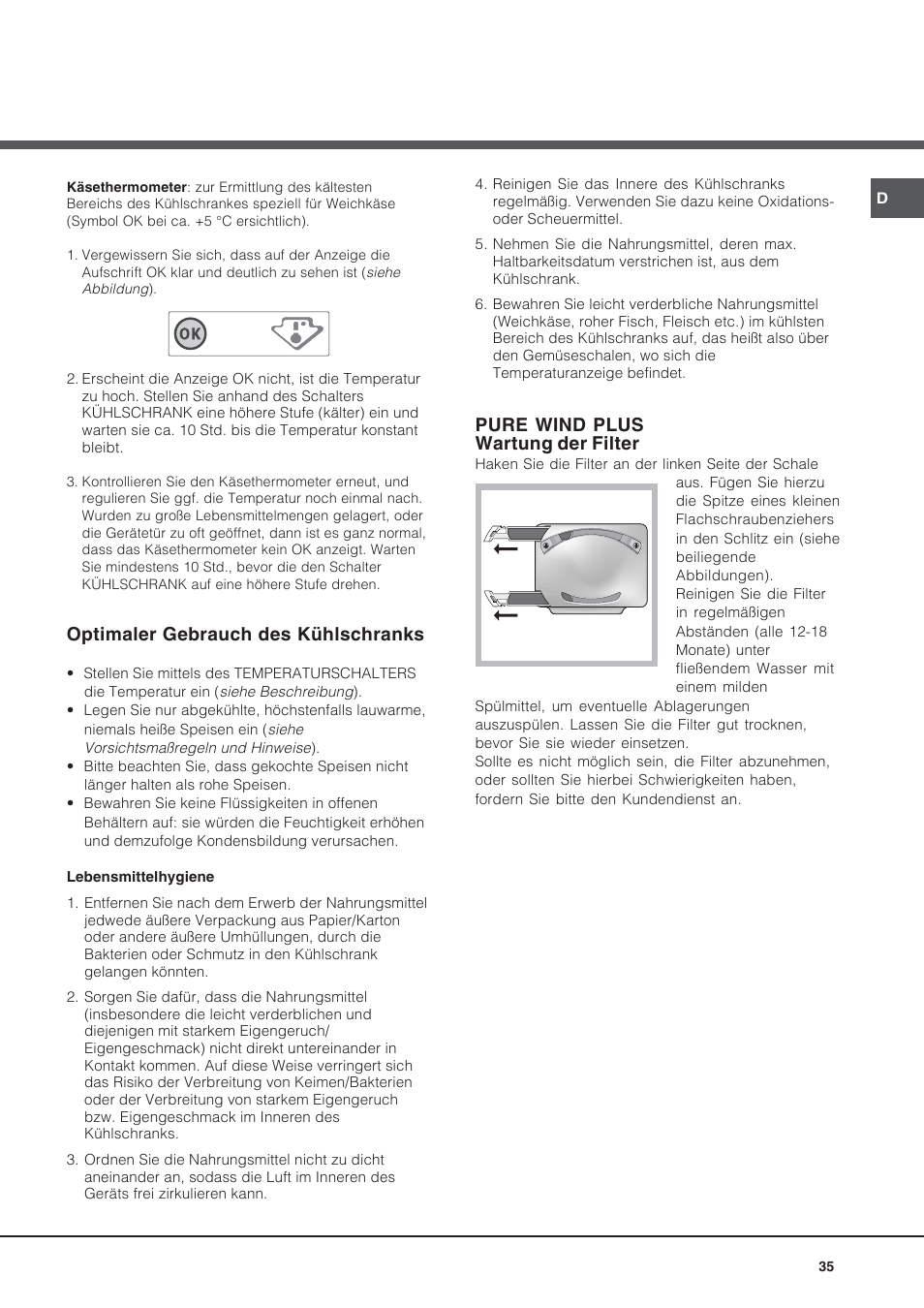 Optimaler gebrauch des kühlschranks, Pure wind plus wartung der filter | Hotpoint Ariston BS 30 series User Manual | Page 35 / 48
