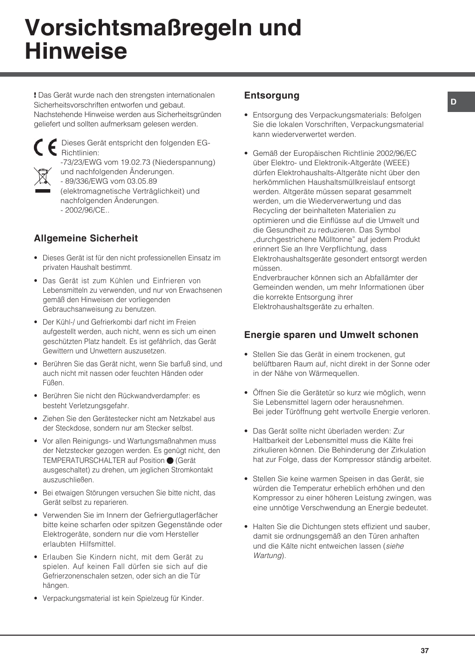 Vorsichtsmaßregeln und hinweise | Hotpoint Ariston BS 30 series User Manual | Page 37 / 48