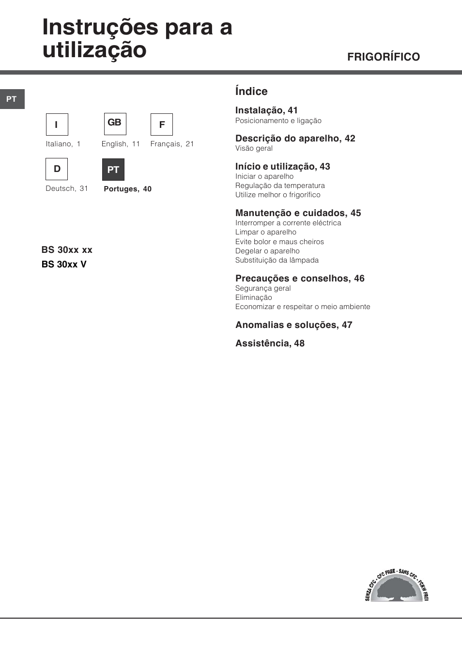 Instruções para a utilização | Hotpoint Ariston BS 30 series User Manual | Page 40 / 48