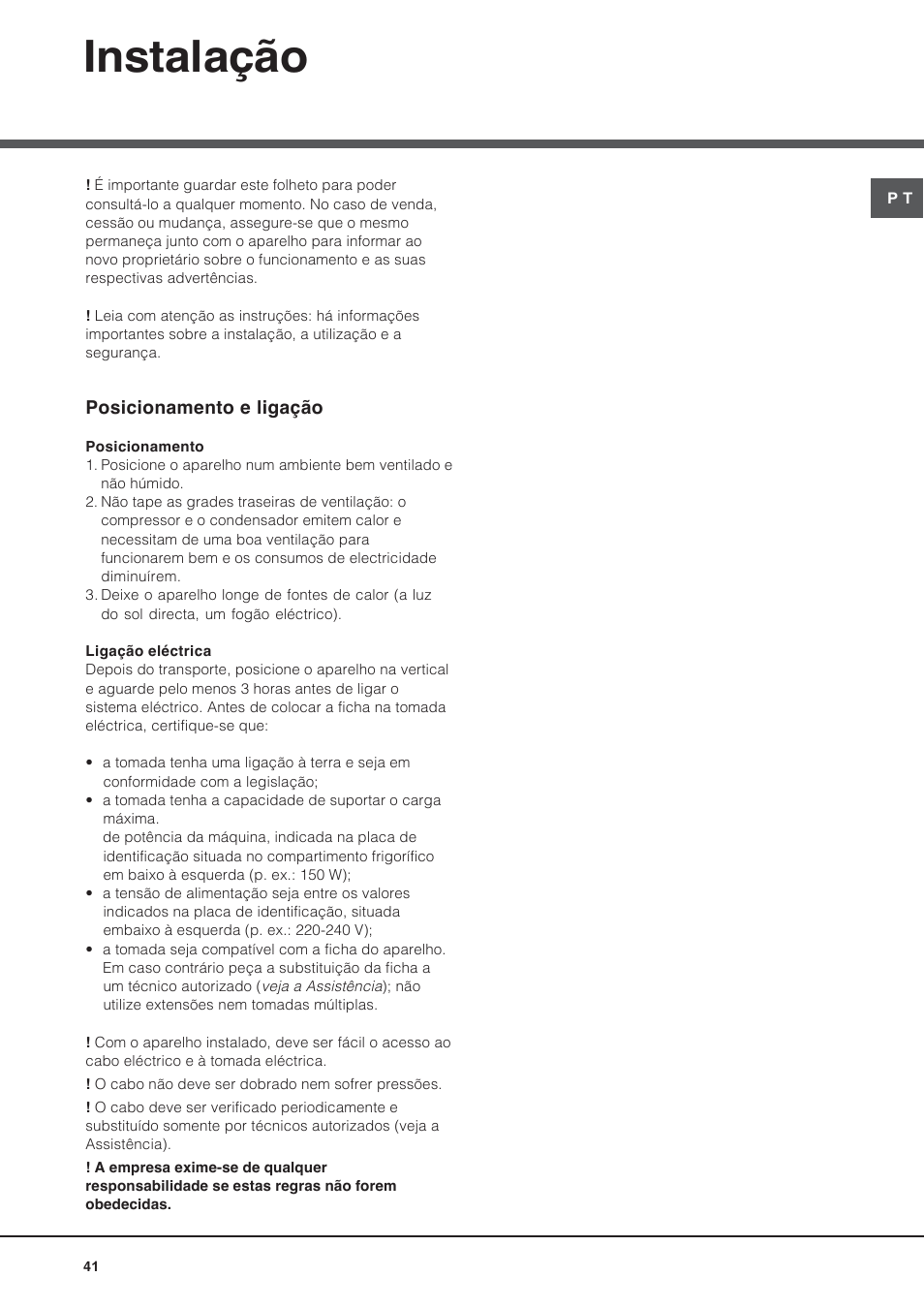 Instalação | Hotpoint Ariston BS 30 series User Manual | Page 41 / 48