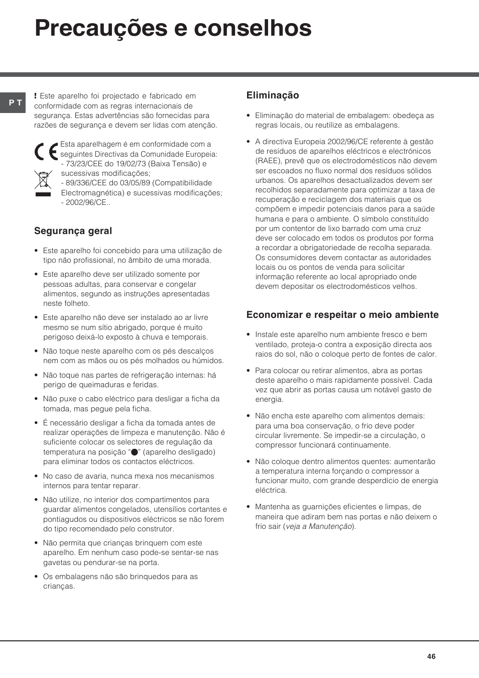 Precauções e conselhos | Hotpoint Ariston BS 30 series User Manual | Page 46 / 48