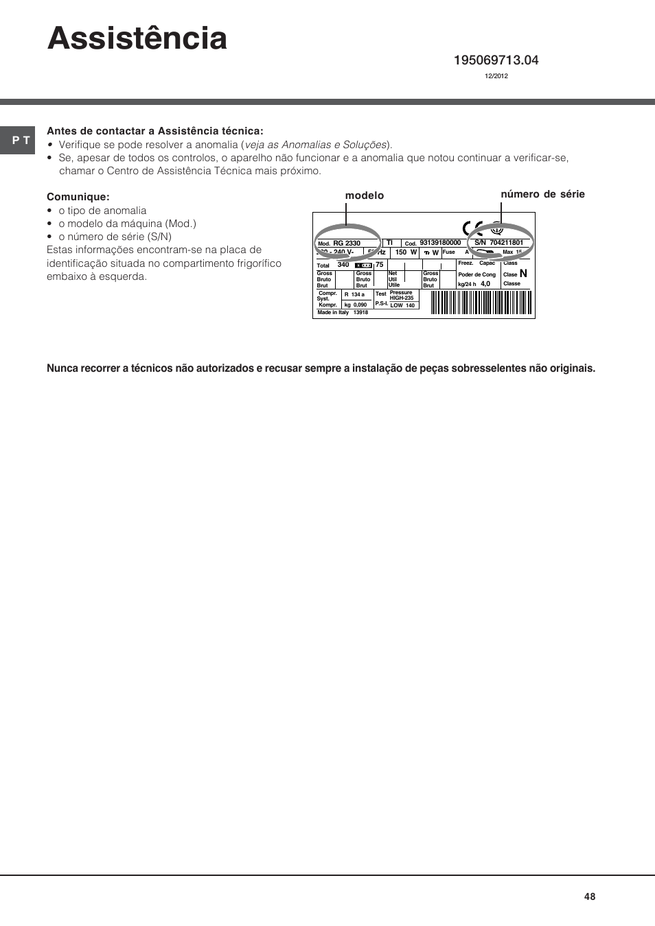 Assistência, Modelo número de série | Hotpoint Ariston BS 30 series User Manual | Page 48 / 48