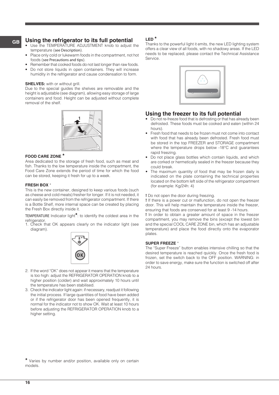 Using the refrigerator to its full potential, Using the freezer to its full potential | Hotpoint Ariston Combinado BCB 33 AA User Manual | Page 16 / 48