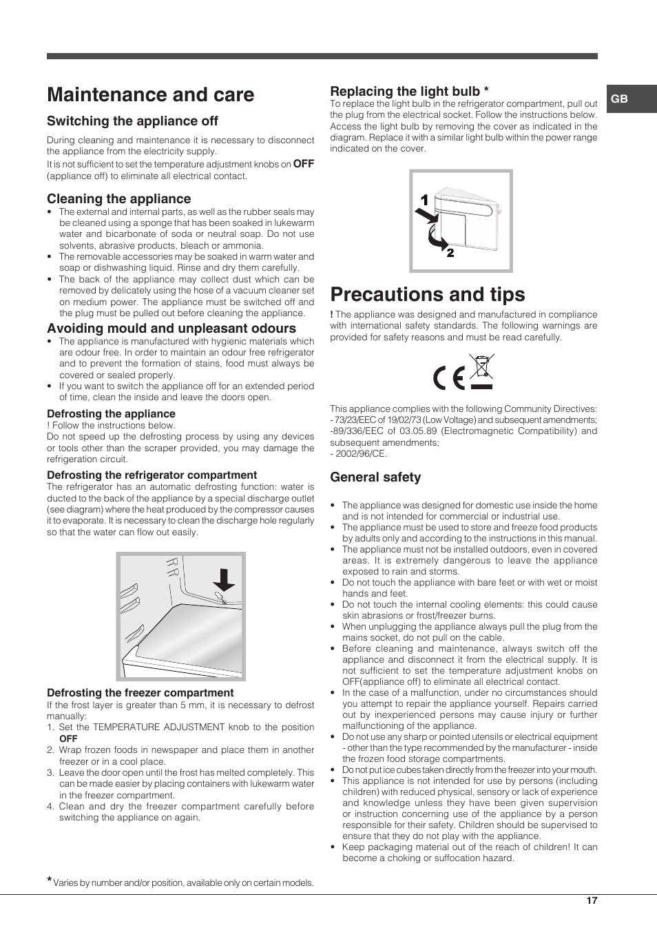 Maintenance and care, Precautions and tips, Switching the appliance off | Cleaning the appliance, Avoiding mould and unpleasant odours, Replacing the light bulb, General safety | Hotpoint Ariston Combinado BCB 33 AA User Manual | Page 17 / 48