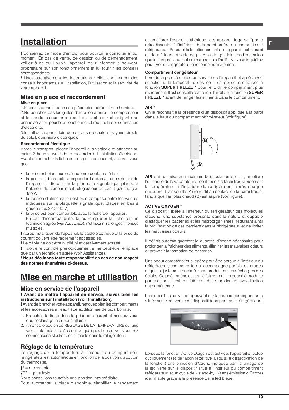 Installation, Mise en marche et utilisation, Mise en place et raccordement | Mise en service de l’appareil, Réglage de la température | Hotpoint Ariston Combinado BCB 33 AA User Manual | Page 19 / 48