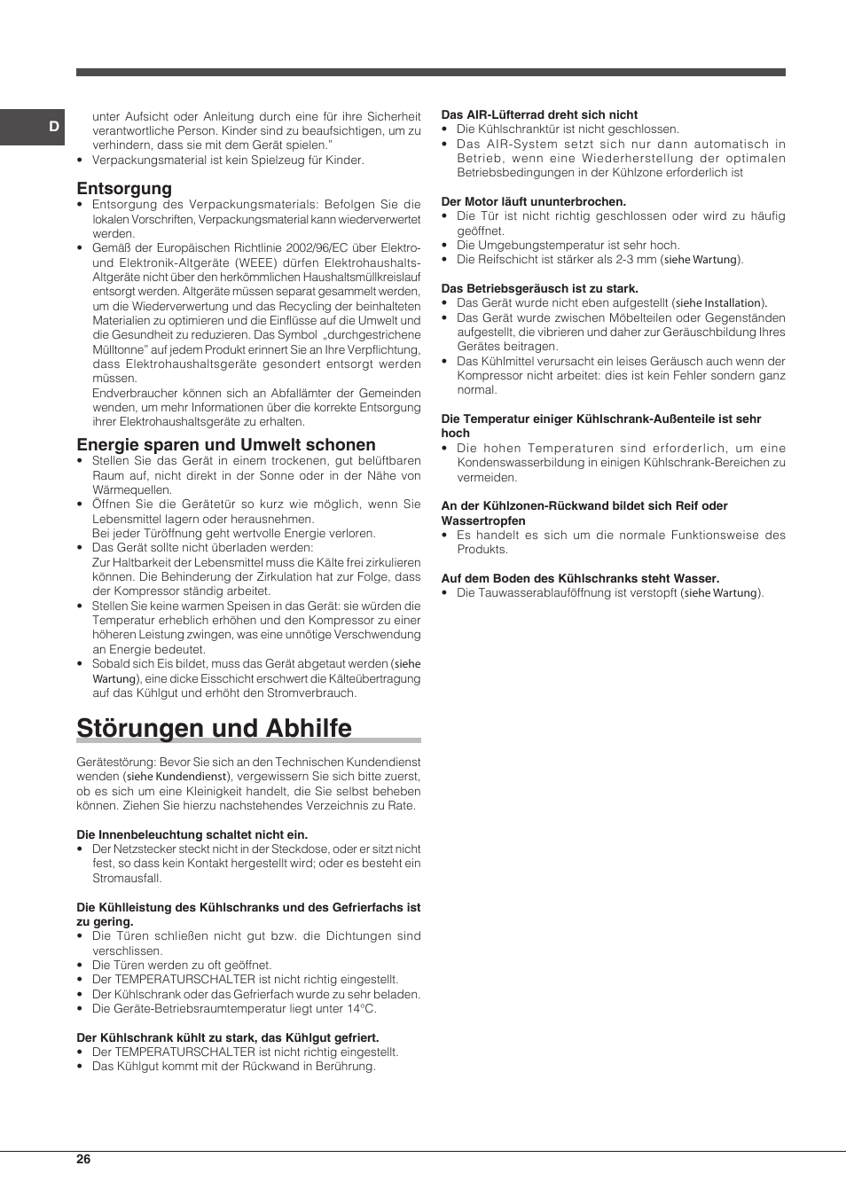 Störungen und abhilfe, Entsorgung, Energie sparen und umwelt schonen | Hotpoint Ariston Combinado BCB 33 AA User Manual | Page 26 / 48