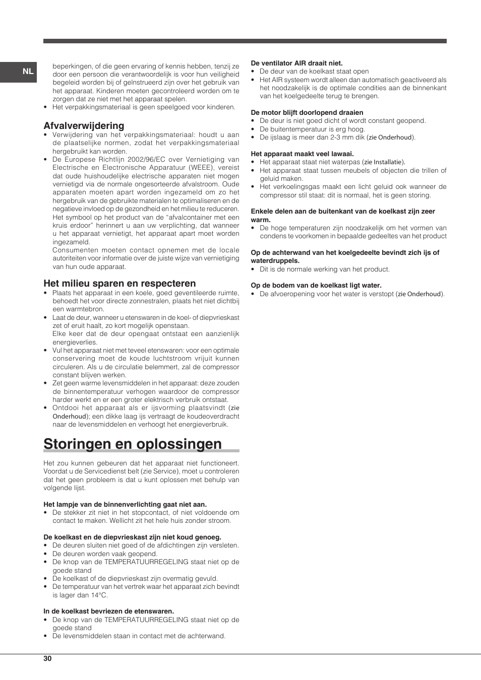Storingen en oplossingen, Afvalverwijdering, Het milieu sparen en respecteren | Hotpoint Ariston Combinado BCB 33 AA User Manual | Page 30 / 48