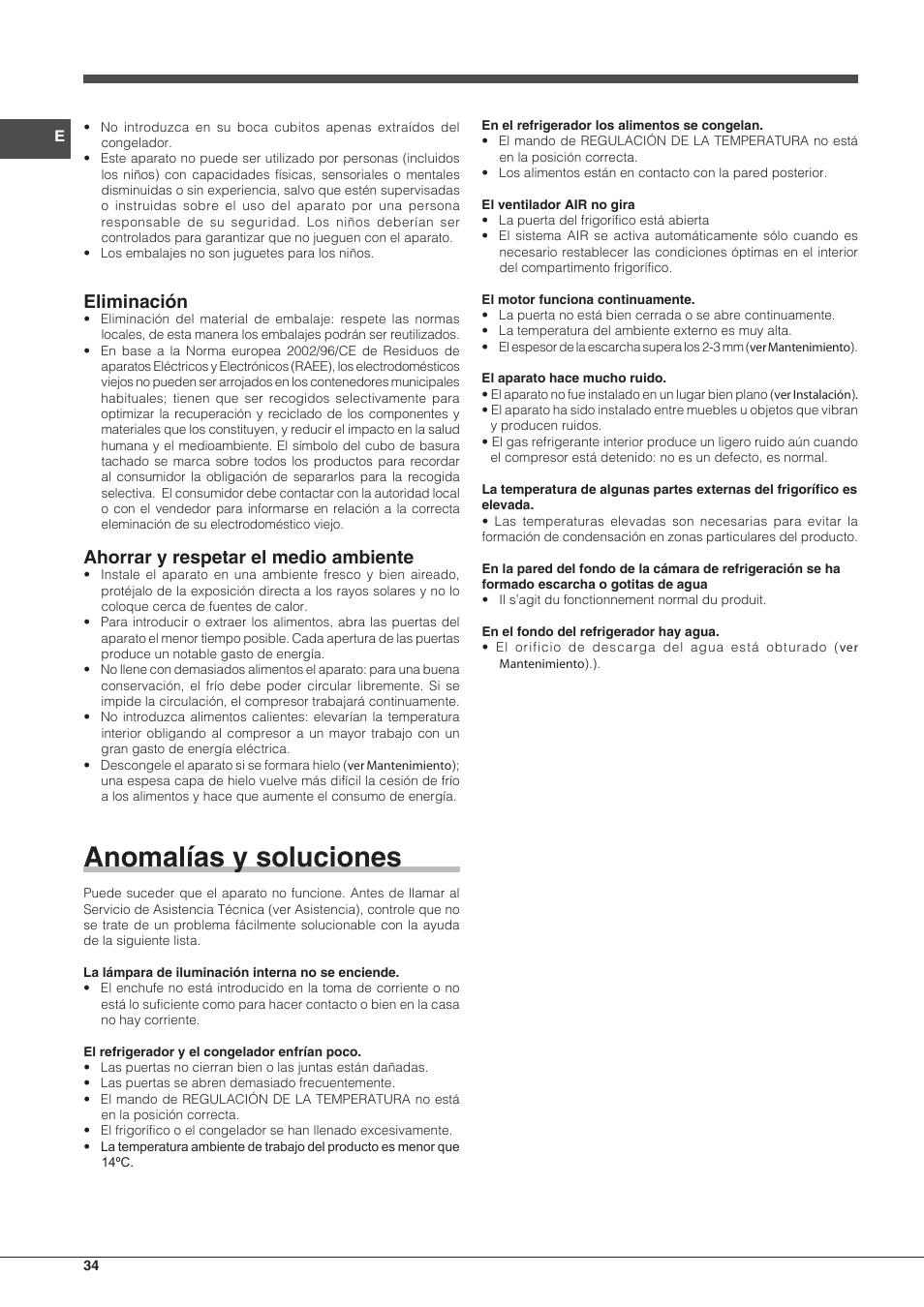 Anomalías y soluciones, Eliminación, Ahorrar y respetar el medio ambiente | Hotpoint Ariston Combinado BCB 33 AA User Manual | Page 34 / 48