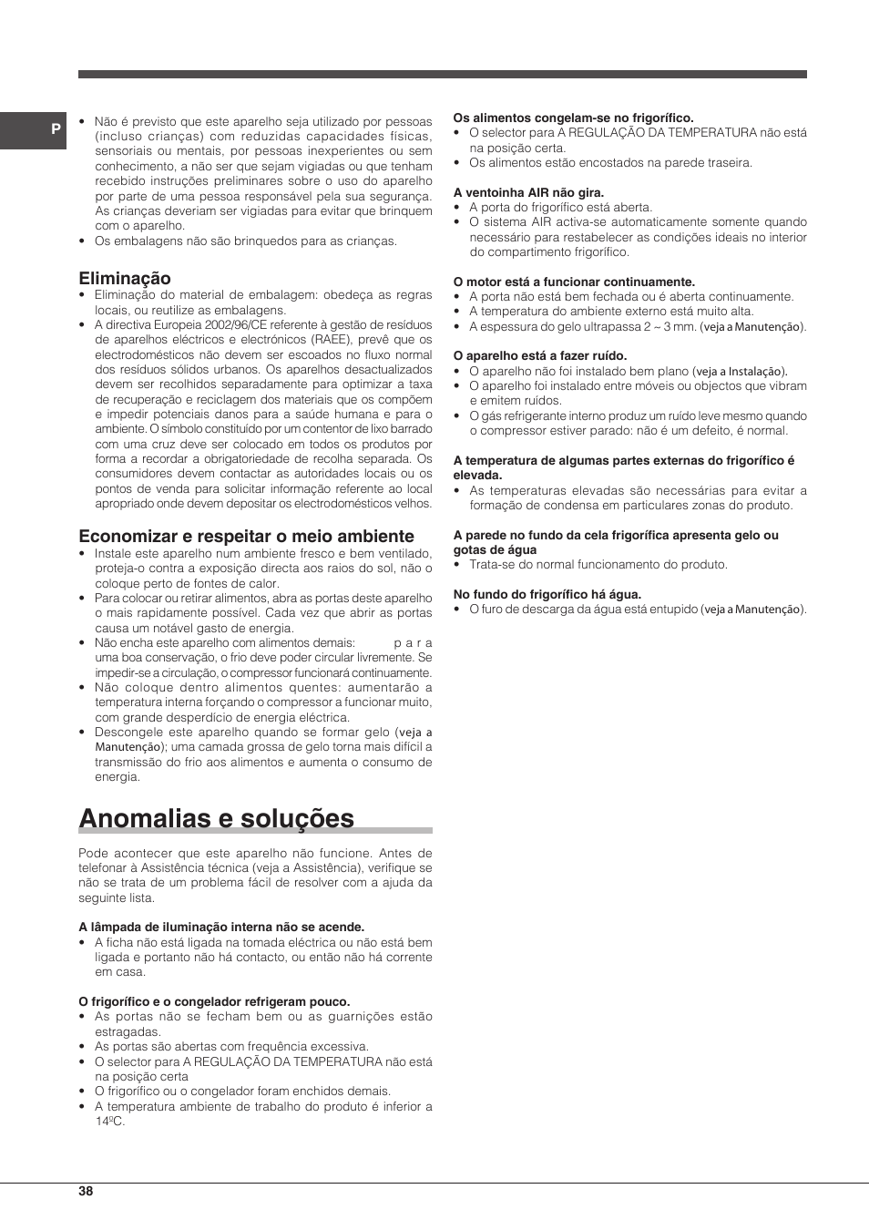 Anomalias e soluções, Eliminação, Economizar e respeitar o meio ambiente | Hotpoint Ariston Combinado BCB 33 AA User Manual | Page 38 / 48