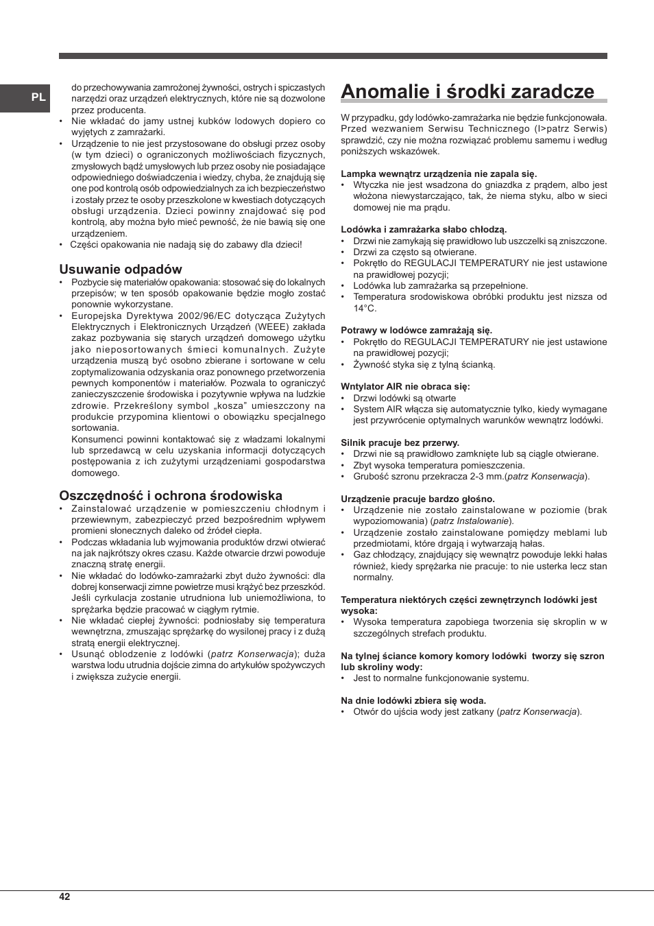 Anomalie i środki zaradcze, Usuwanie odpadów, Oszczędność i ochrona środowiska | Hotpoint Ariston Combinado BCB 33 AA User Manual | Page 42 / 48