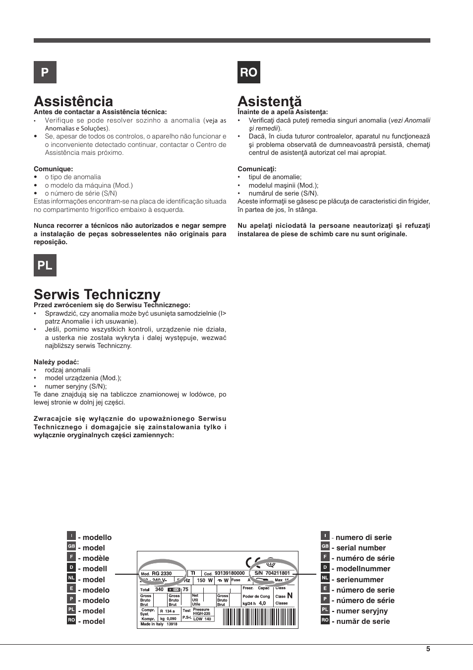 Assistência, Serwis techniczny, Asistenţă | Hotpoint Ariston Combinado BCB 33 AA User Manual | Page 5 / 48