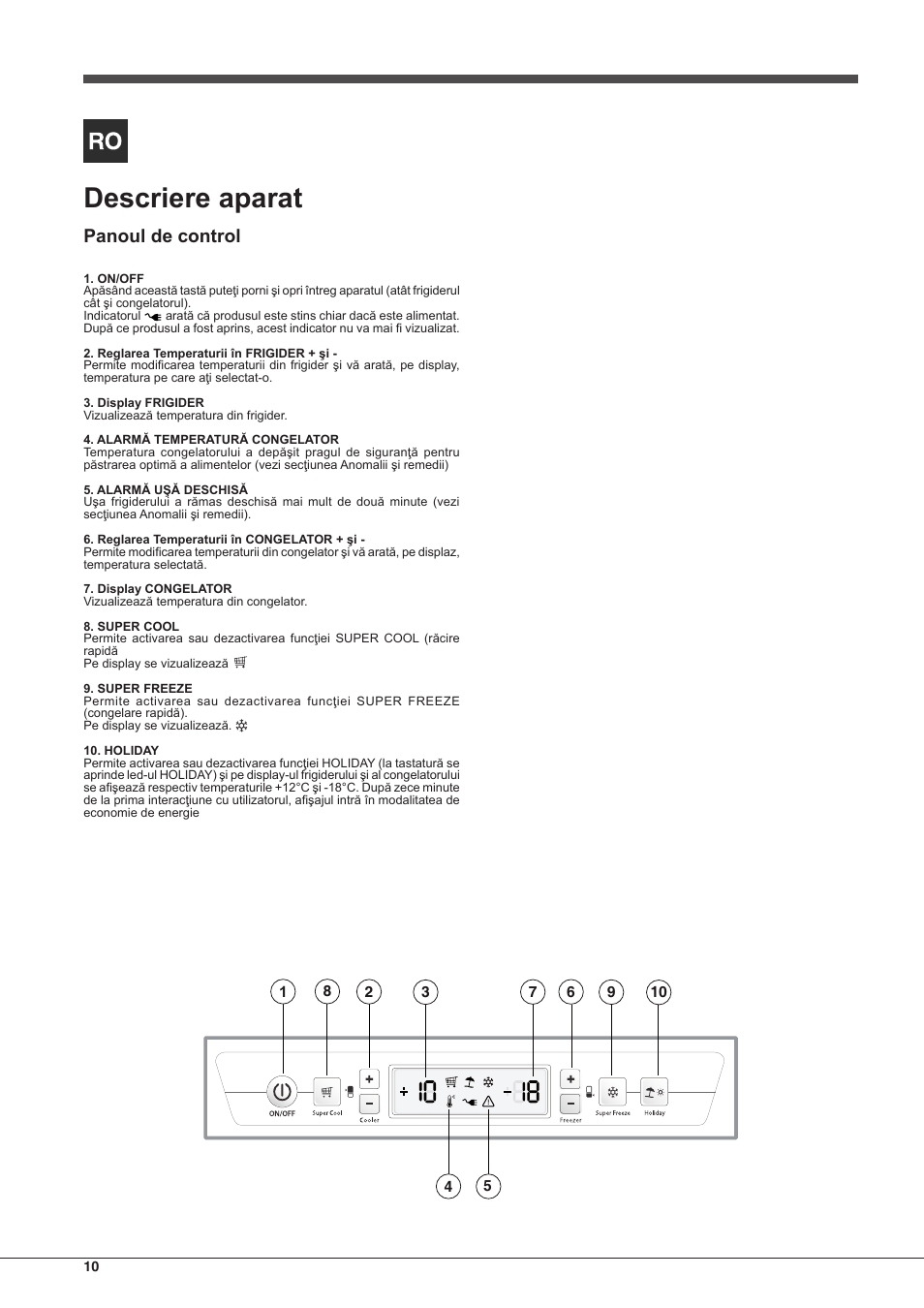 Descriere aparat, Panoul de control | Hotpoint Ariston BCB 3xx AA E xx User Manual | Page 10 / 56