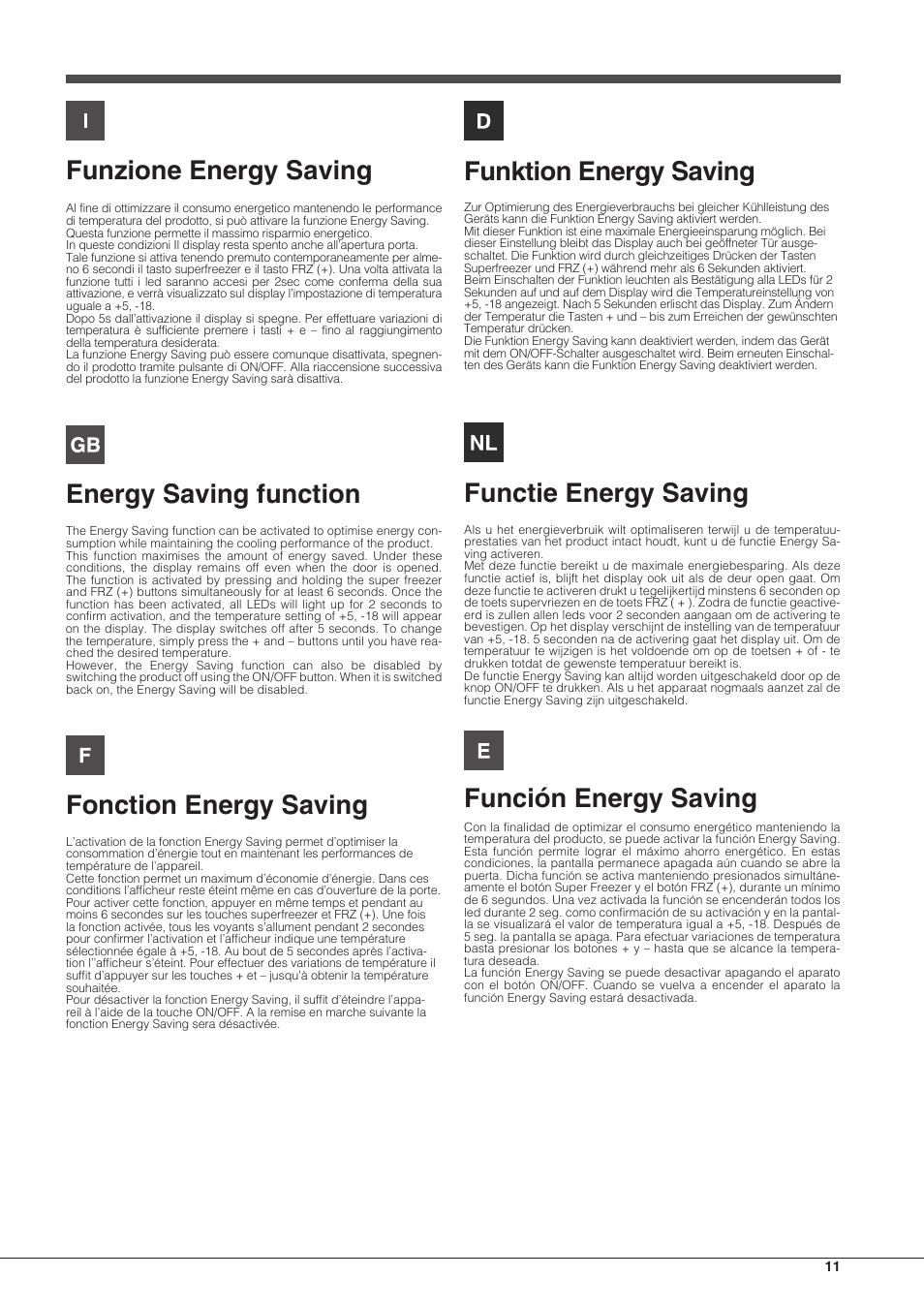 Funzione energy saving, Energy saving function, Fonction energy saving | Funktion energy saving, Functie energy saving, Función energy saving | Hotpoint Ariston BCB 3xx AA E xx User Manual | Page 11 / 56