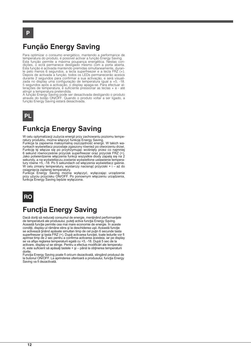Função energy saving, Funkcja energy saving, Funcţia energy saving | Hotpoint Ariston BCB 3xx AA E xx User Manual | Page 12 / 56